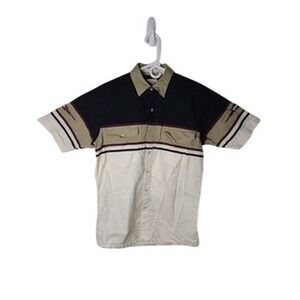 Cumberland Outfitters Men Med Western Colorblock Pearl Snap Shirt Tan Cream 90s